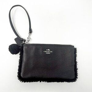 Coach Wristlet Shearling Fur Trim Pom Pom Black Pebbled Cozy-Luxe Gem
